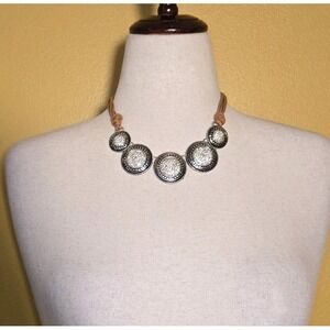St. Thomas Statement Necklace Boho Glam Medallion‎ Bib Suede Cord Rhinestone 18